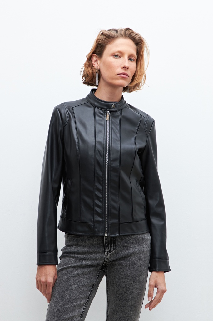 L160GOJ3 CHAQUETA ECO CUERO CON CORTES EN TUL